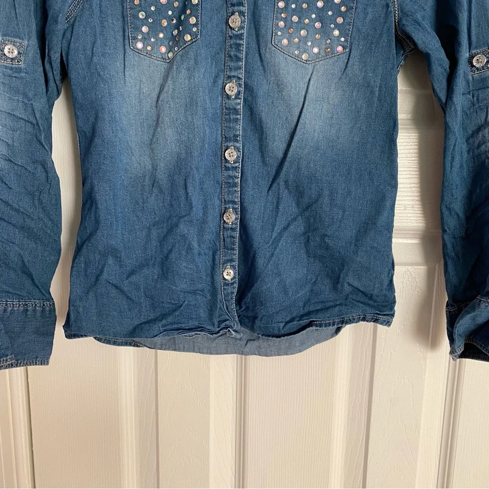 Justice Girls Jean Button Down Top Gem Embellished Pockets Size 8 Blue Silver